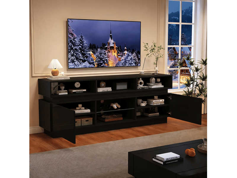  Meuble tv tcqpz 160 x 35 x 60 cm led mdf noir pour tv jusqu’à 60 pouces  - Conforama E