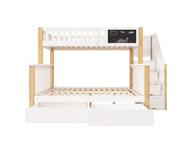  Lit superposé enfant, lit double, lit enfant multifonctionnel, avec tableau noir et tiroirs, sans matelas, blanc + chêne clair, 90*200 + 140*200  - Conforama E