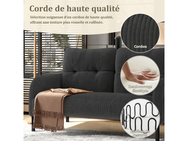  Canapé 2 places en velours côtelé avec poche latérale, dossier haut et pieds en métal, gris  - Conforama C