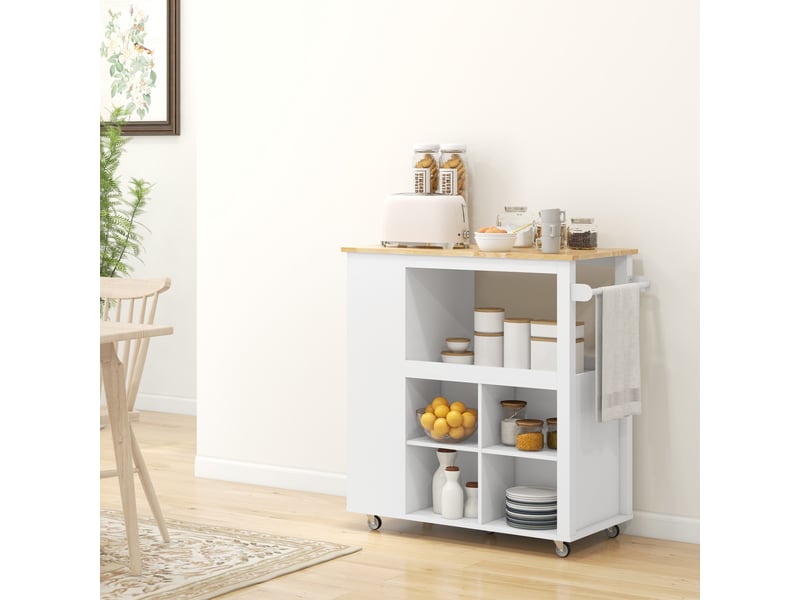  Chariot de cuisine avec étagères réglables, porte-couteaux et plateau en bois, 86,5 x 47 x 88 cm, blanc  - Conforama D