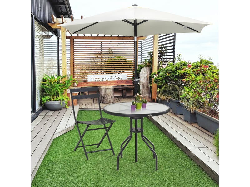 Table de jardin en acier noir avec plateau en verre trempé et trou pour parasol, ф80 x 72 cm - Conforama D