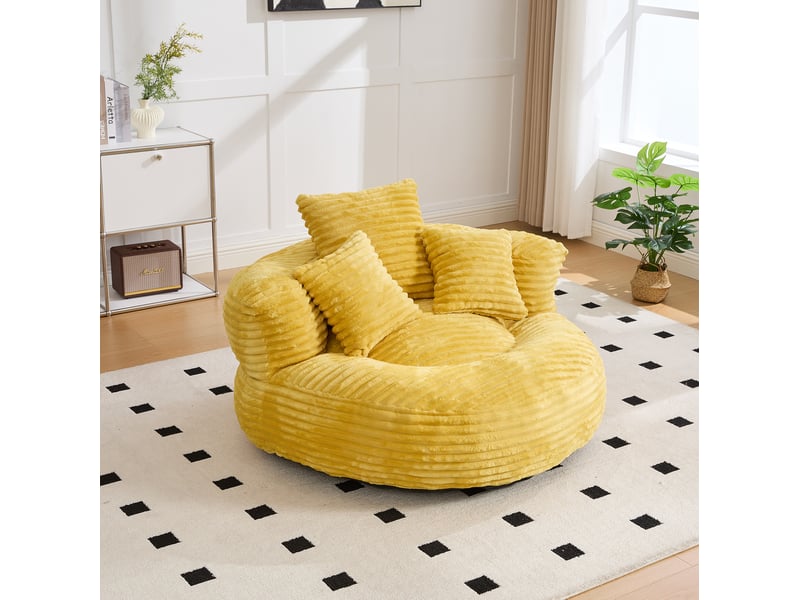 Fauteuil relax pouf avec dossier haut et accoudoirs enveloppants, en velours côtelé jaune moutarde 108 × 108 × 52 cm - Conforama C