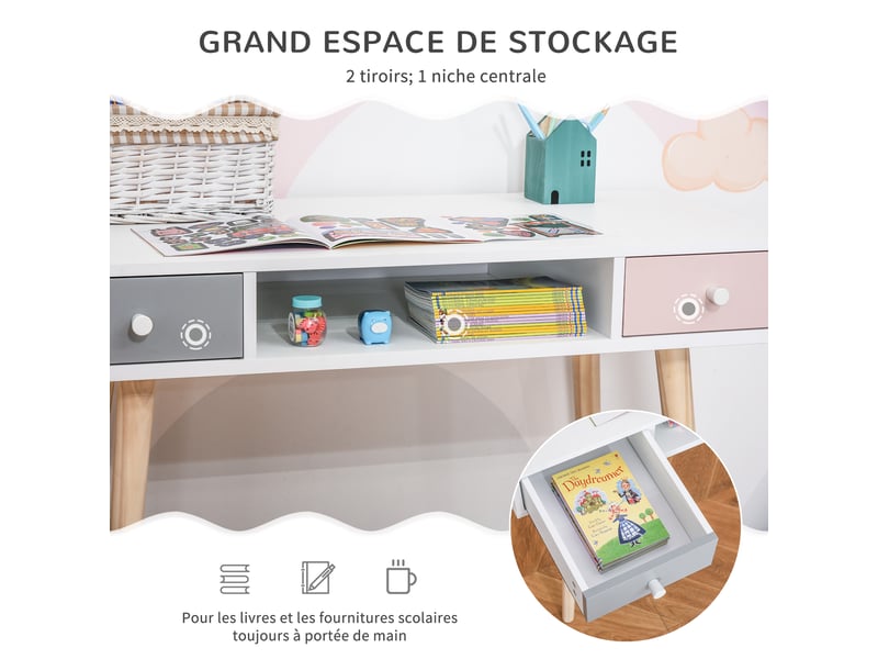  Bureau enfant style scandinave avec tiroir et compartiment de rangement 100l x 48l x 76,5h cm mdf et pin blanc gris et rose  - Conforama E