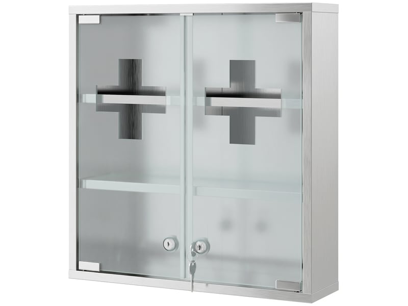  Armoire à pharmacie verrouillable avec 2 clés, porte vitrée et 6 étagères, 48 x 46 x 12 cm, argentée  - Conforama B