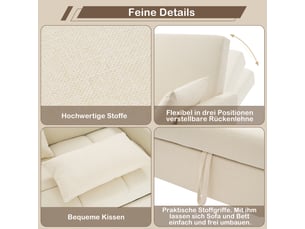 Canapé lit pliable 2 places en lin beige avec dossier réglable