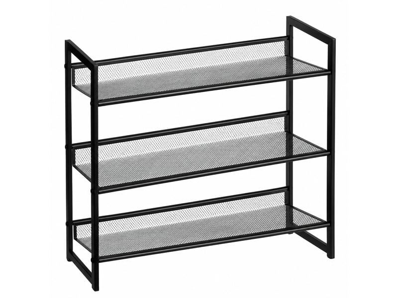  Etagère meuble à chaussures à 3 niveaux en métal grillagé noir,capacité 9 paires - longueur 64 x profondeur 23 x hauteur 59 cm  - Conforama A