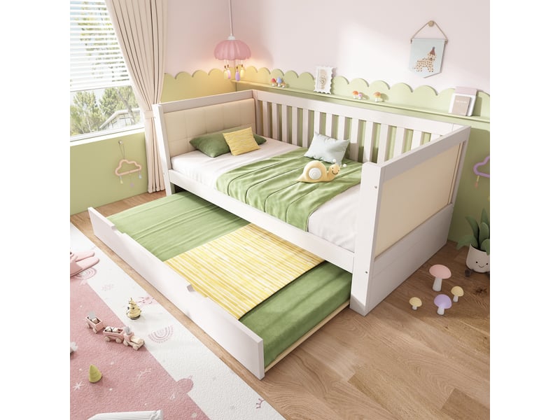 Lit banquette gigogne 90x190 cm en bois, lit avec couchage d'appoint 90x190, sommier à lattes, gain de place, sans matelas - blanc - Conforama D