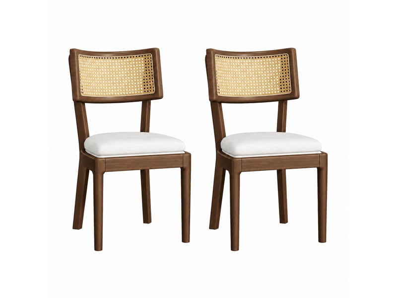  Lot de 2 chaises de salle à manger en bois massif noyer, dossier rotin, tissu lin beige  - Conforama A