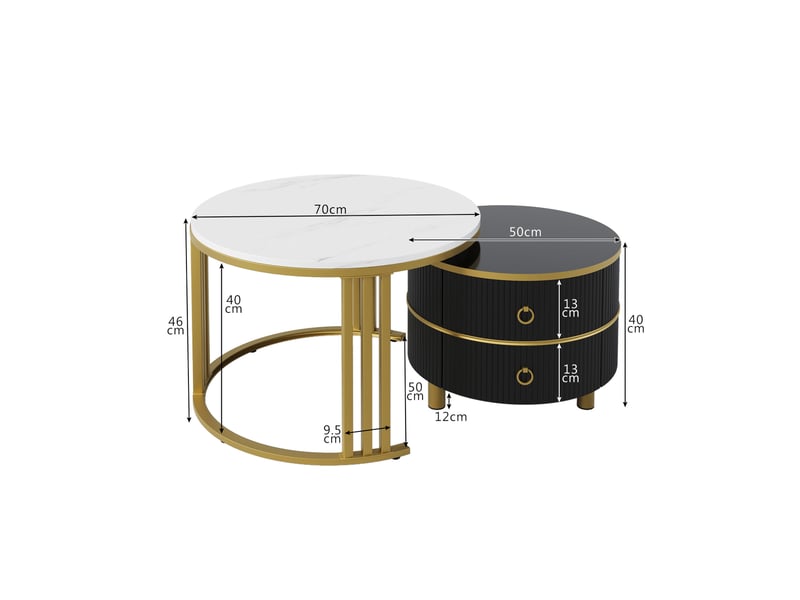  Table basse ronde gigogne avec 2 tiroirs, plateau brillant effet marbre, double rangement pour salon moderne  - Conforama D