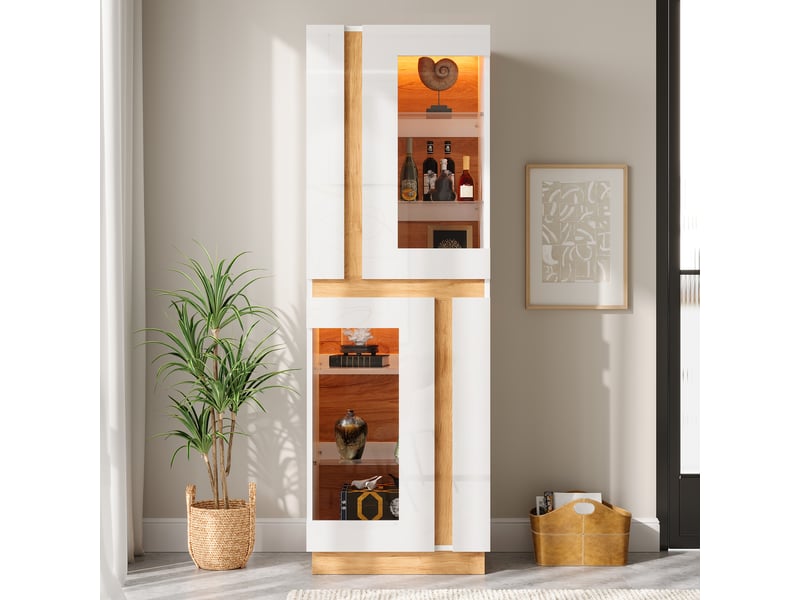  Vitrine avec éclairage led, 2 portes en verre, étagères en verre, grand meuble d'exposition, armoire de salon, rangement en panneaux de particules  - Conforama B
