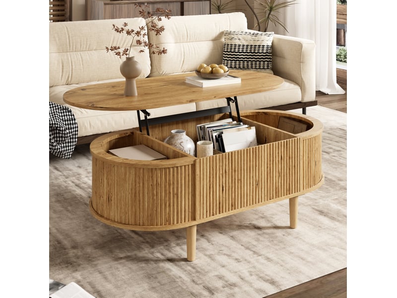  Table basse ovale relevable avec rangement – mdf effet chêne – 100 x 48 x 54,5 cm  - Conforama B