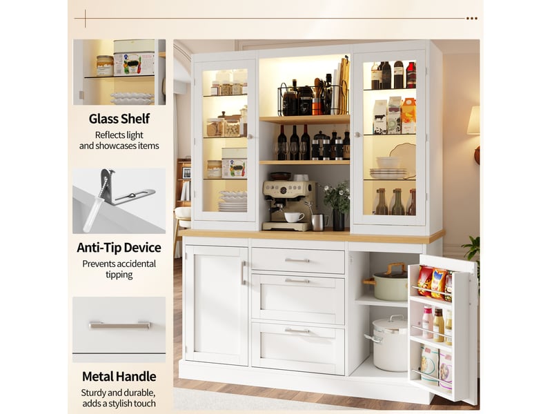 Buffet de cuisine 140x40x185 cm 3 tiroirs éclairage led mdf blanc  - Conforama D