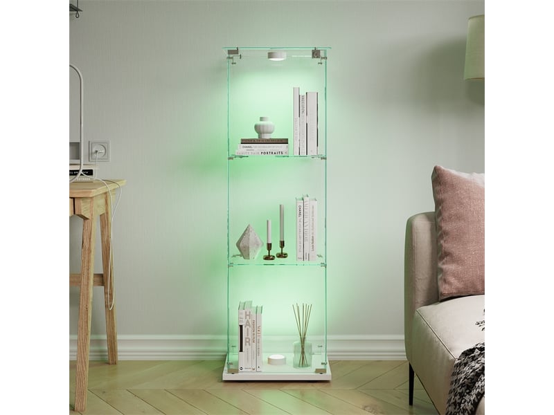  Vitrine en verre 123.3x39.8x35cm - vitrine 1 porte 3 niveaux avec lampe tactile et base blanche - meuble de présentation - blanc  - Conforama C