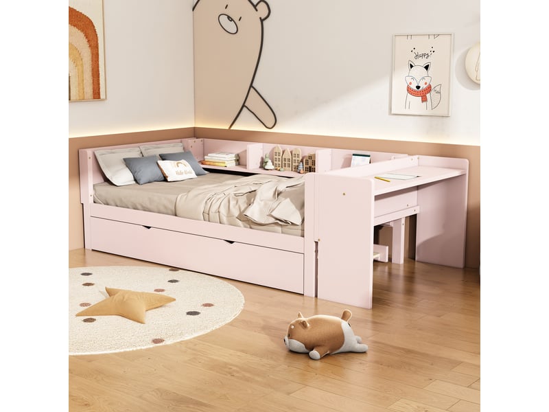  Lit plat 90*200cm, rose, avec lit gigogne, bureau et trois étagères, structure en pin et mdf, sans matelas  - Conforama C
