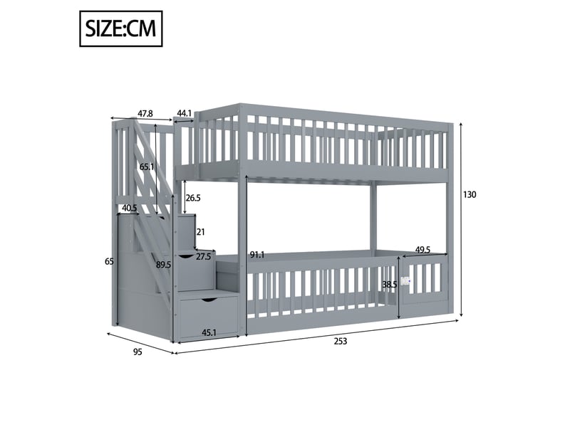  Elvmi lit superposé enfant 90x200 cm en bois massif gris avec échelle de rangement, tiroirs intégrés, porte ouvrante et sécurité renforcée  - Conforama C