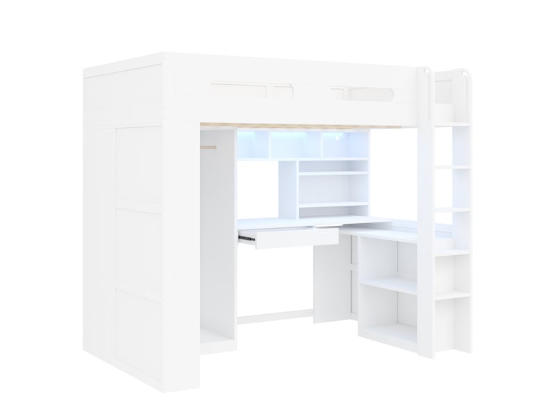 Lit mezzanine 90x200 cm – lit enfant gain de place avec bureau intégré penderie 1 tiroir et led – bois de pin – blanc CozyNest - Conforama C