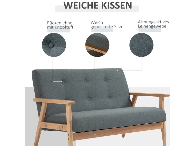  Canapé droit 2 places compact avec coussins rembourrés et pieds antidérapants en lin gris foncé, 115 × 66,5 × 73 cm  - Conforama D
