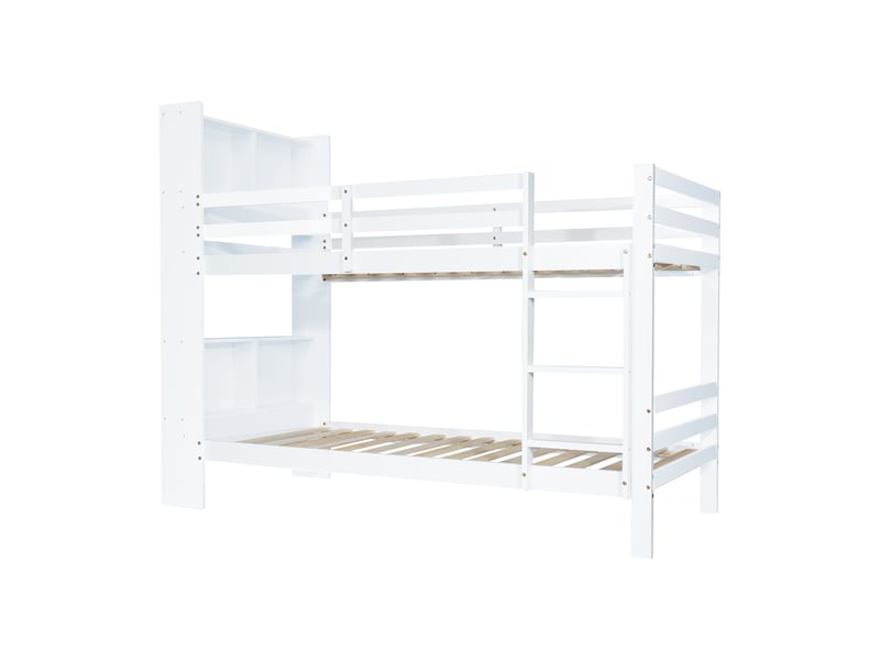  Lit superposé 2 places 90 × 200 cm avec étagères et échelle à 3 marches, sans matelas, en bois massif, blanc  - Conforama E