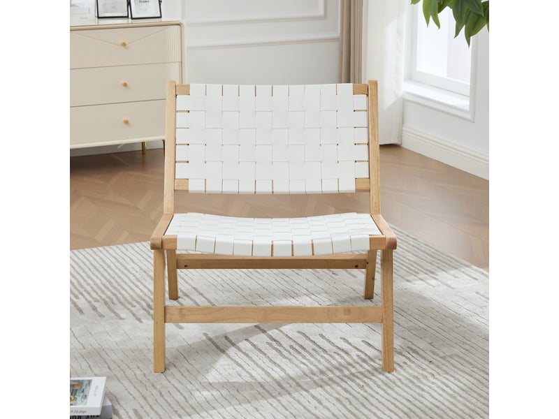 Fauteuil sans accoudoirs tressé à motif damier, assise basse confortable et structure en bois pour salon, pu blanc - Conforama B