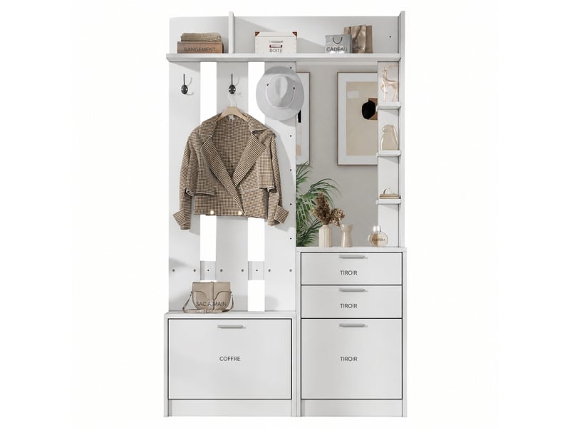  Vestiaire d'entrée blanc avec miroir, 2 meubles à chaussures, 2 tiroirs, 3 patères, mdf, blanc  - Conforama A