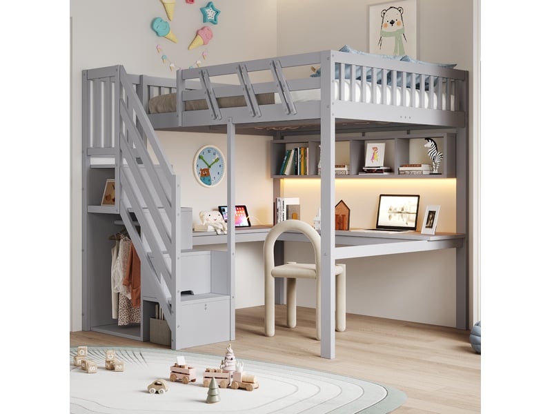  Lit mezzanine modenvie 140 x 200 cm avec bureau rangement led et prises usb gris  - Conforama E