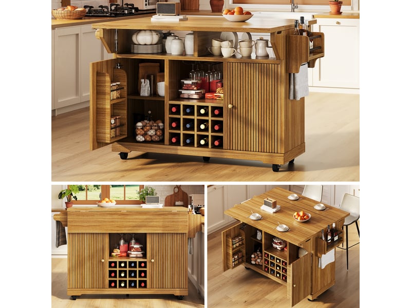  Desserte de cuisine sur roulettes marron foncé en mdf, îlot extensible avec plateau rabattable, hauteur 95cm  - Conforama C