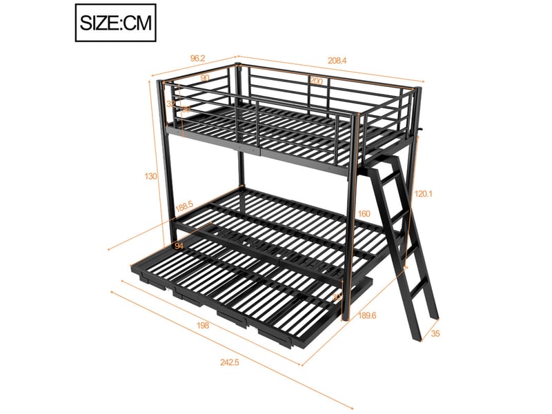 Lit superposé enfant 90x200 cm en métal, avec lit gigogne extensible, compact pour petite chambre, noir - Conforama C