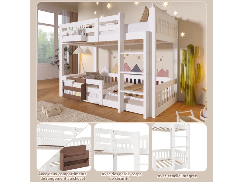  Lit superposé 90x200 cm, avec rangements, garde-corps de sécurité et échelle, sans matelas, métal, mdf et pin, blanc Bubbly - Conforama E