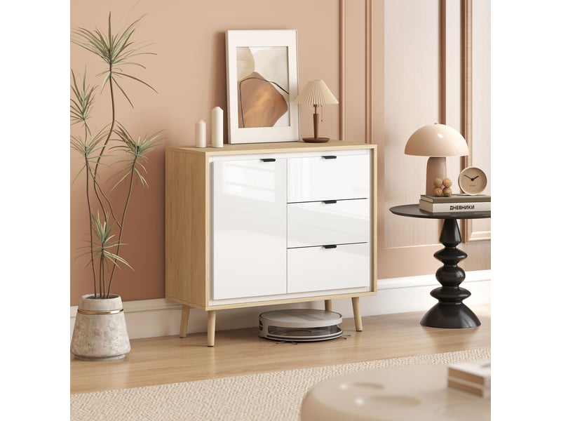  Buffet moderne avec porte, 3 tiroirs et étagère réglable pour salle à manger et entrée, 80 x 35 x 77 cm, blanc et chêne  - Conforama D