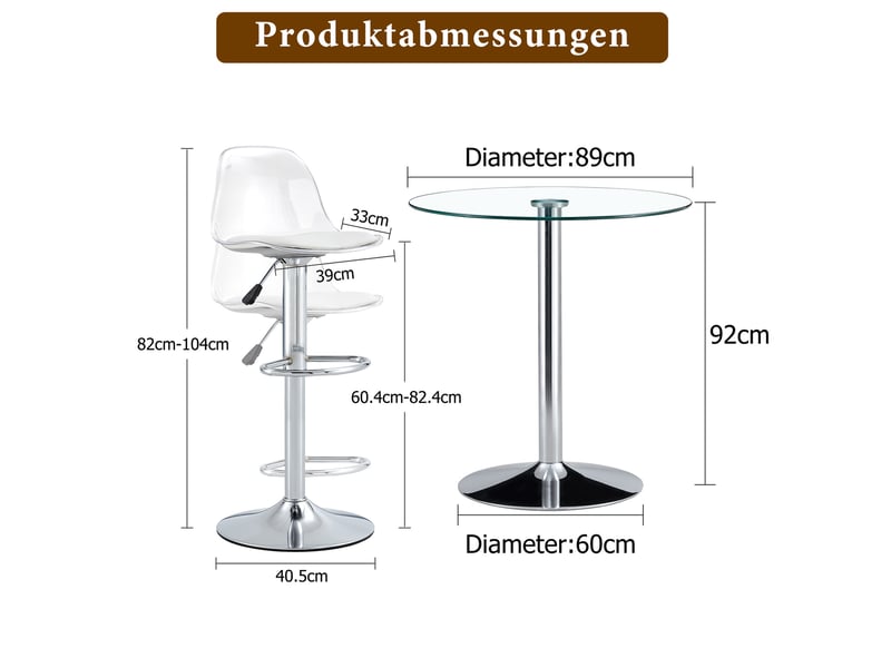  Ensemble table haute ronde en verre 89 cm avec 2 tabourets réglables pivotants, transparent et argenté  - Conforama C