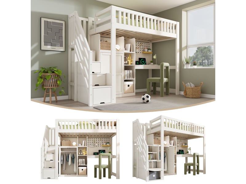  Lit mezzanine enfant blanc 90x200cm avec bureau, armoire échelle et penderie, étagères ouvertes, ports usbusb-c, sommier à lattes, solution tout-en-un gain de place, matelas non inclus  - Conforama D
