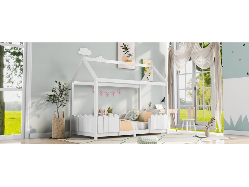  Lit enfant 90x200 cm blanc bois massif avec sommier à lattes et barrière de sécurité sans matelas Sol Morn - Conforama D