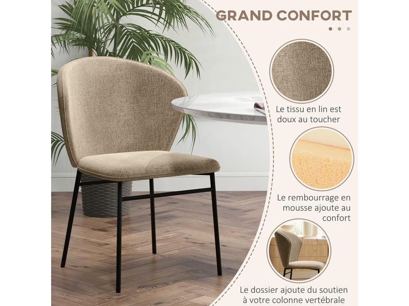  Lot de 2 chaises de salle à manger assise rembourrée en tissu aspect lin pieds en acier stable design moderne clair marron  - Conforama E