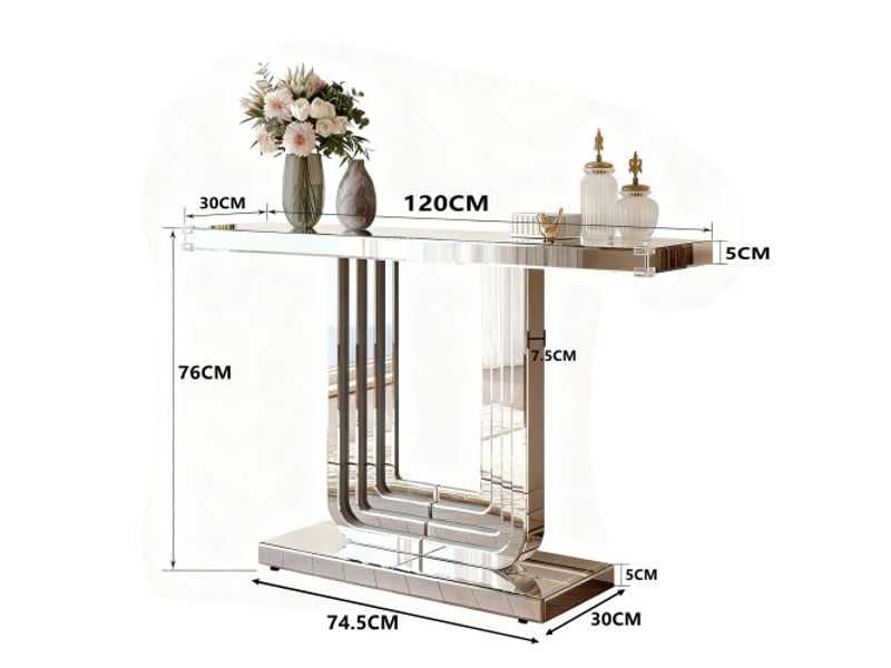Console miroir 120 cm argentée, base en u stable, résistance aux rayures, facile d'entretien, luxe pour salon - Conforama C