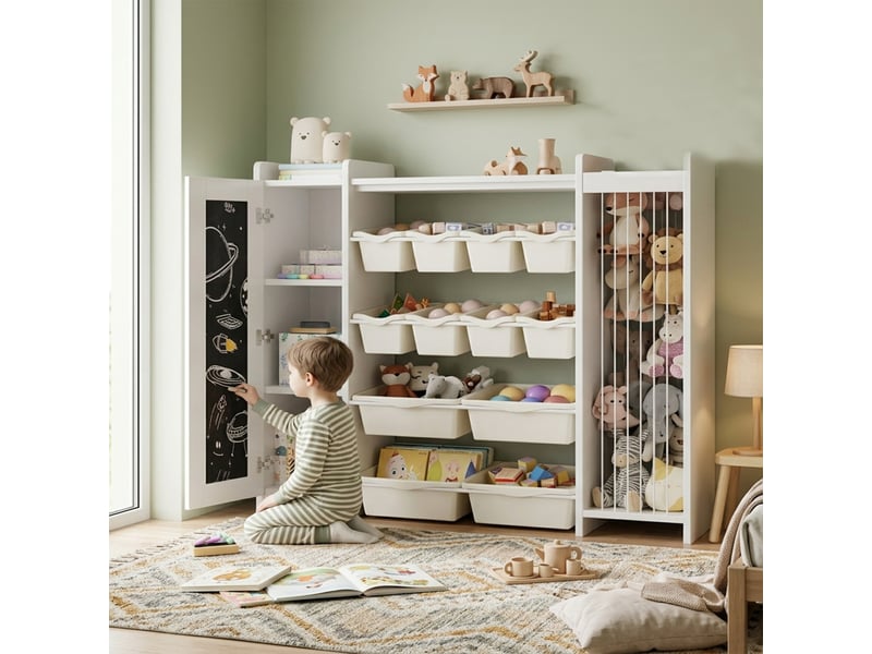 Bibliothèque enfant avec 12 bacs, tableau noir et filet à peluches, meuble de rangement en mdf blanc avec espaces de rangement 136,5 x 30 x 110 cm  - Conforama C