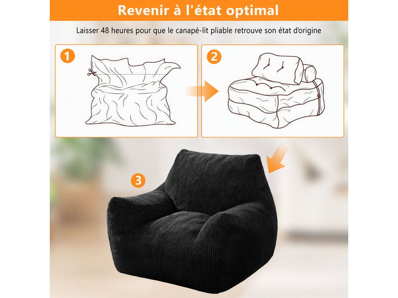 Fauteuil pouf 1 place en velours côtelé noir, assise moelleuse et enveloppante, 80x73x80 cm, design moderne pour salon chambre - Conforama E