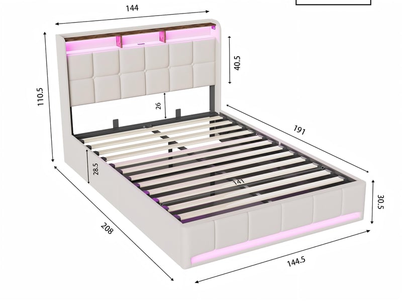 Lit coffre 140x200 cm led rgb sous-lit, lit capitonné avec usb, sommier à lattes  - Conforama C