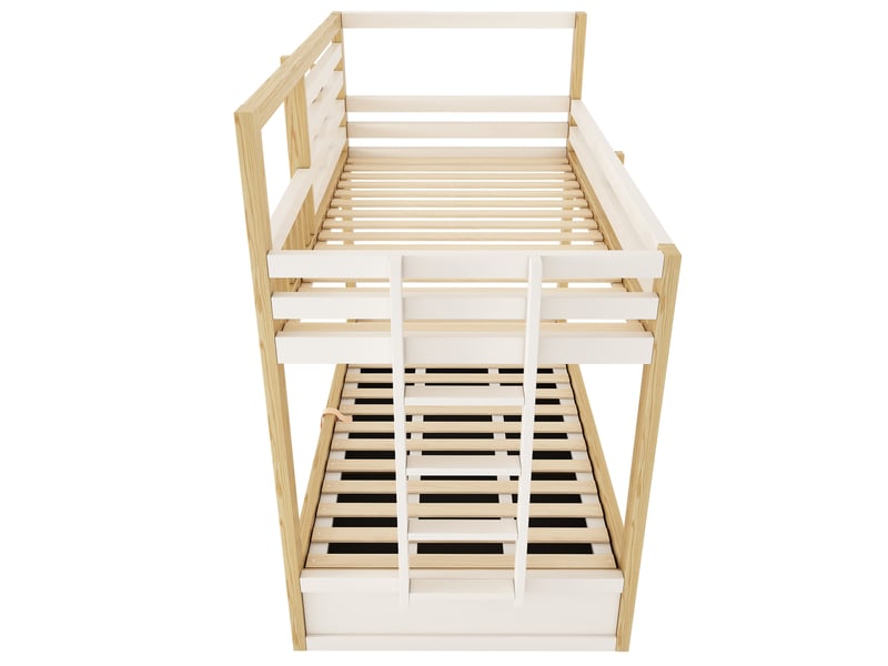 Lit superposé enfant 90x200 cm – blanc et chêne – style cabane, rangement hydraulique intégré, sans matelas - Conforama D