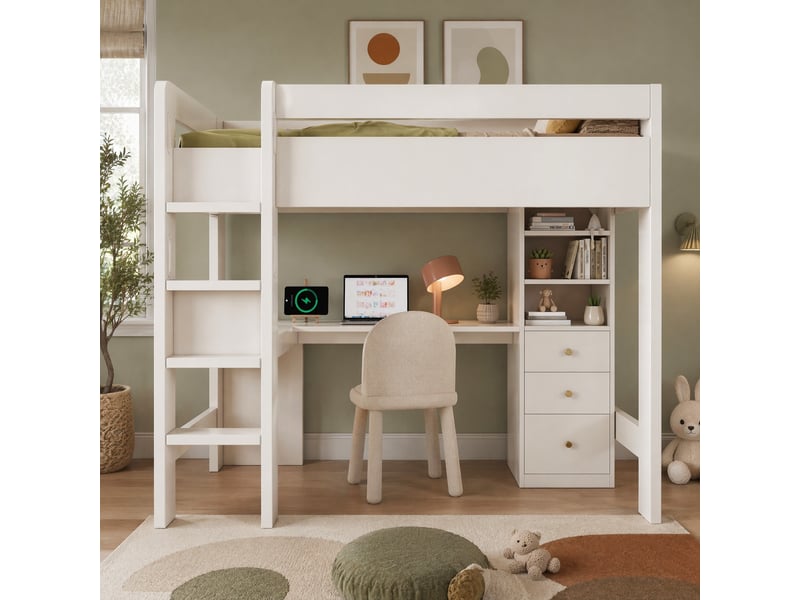  Lit mezzanine enfant 90 x 200 cm blanc avec bureau en l, rangements et ports usbtype-c  - Conforama D