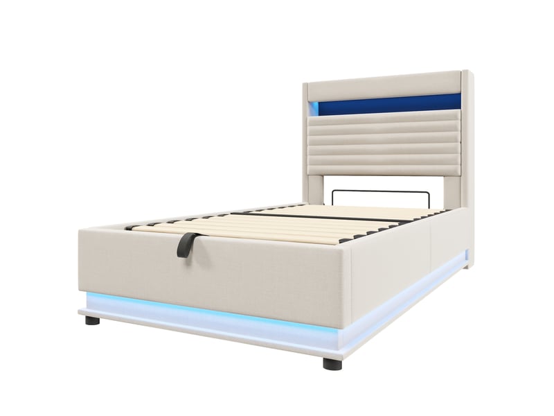 Lit rembourré beige 90x200 cm en lin, rangement hydraulique, led, usb-c - Conforama E