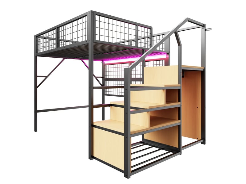  Lit mezzanine 140 x 200 cm enfants et adolescents en métal éclairage led à commande par application escalier rangement  - Conforama C