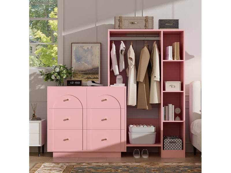  Armoire ouverte modenvie avec penderie 6 tiroirs et étagères latérales rose 139 x 35 x 133 cm  - Conforama B