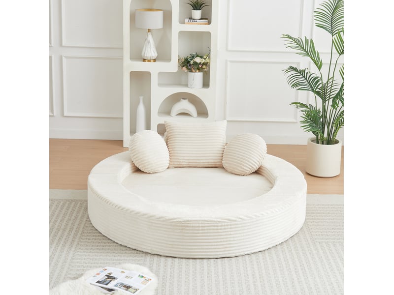  Canapé-lit convertible 4-en-1 modenvie en velours côtelé beige avec deux coussins ronds et un coussin carré  - Conforama B