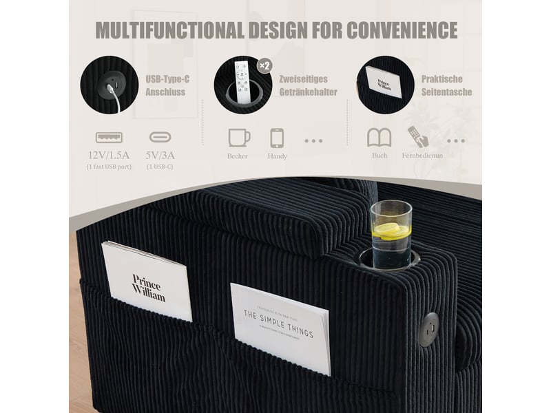  Méridienne canapé 3 places noir corduroy avec coffre de rangement et chargeur usb-c intégré  - Conforama D