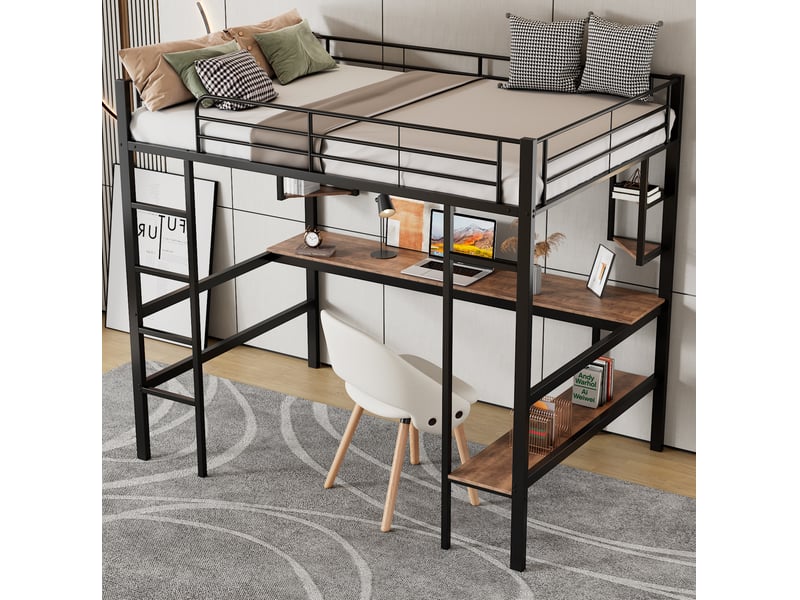 Lit mezzanine 90x200 cm avec bureau et étagères en métal noir  - Conforama C