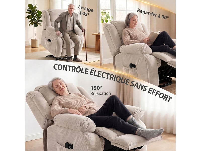  Fauteuil releveur électrique, massage et chauffage, repose-pieds, dossier inclinable, 93x104x100cm, télécommande, beige  - Conforama E