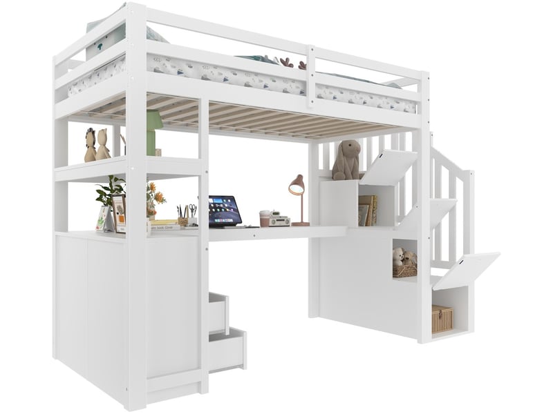 Lit mezzanine 90x200cm avec bureau échelle rangement tiroirs blanc - Conforama A