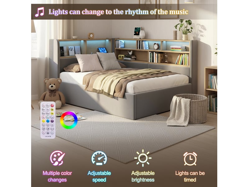  Lit banquette 90x200 cm – gris – coffre hydraulique avec led, usb-c et rangements ouverts latéraux – sans matelas  - Conforama E