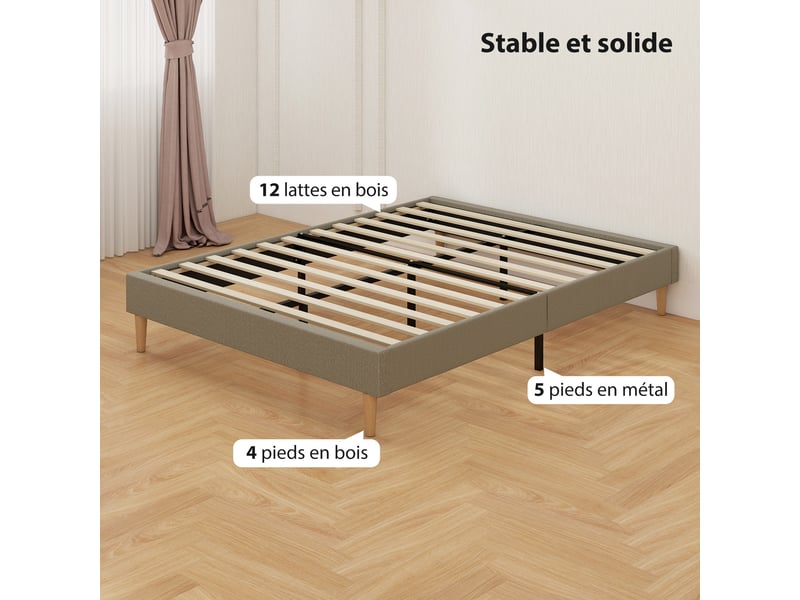  Cadre de lit 140 x 190 cm avec sommier à lattes en bois, lit double rembourré en velours côtelé, gris  - Conforama R