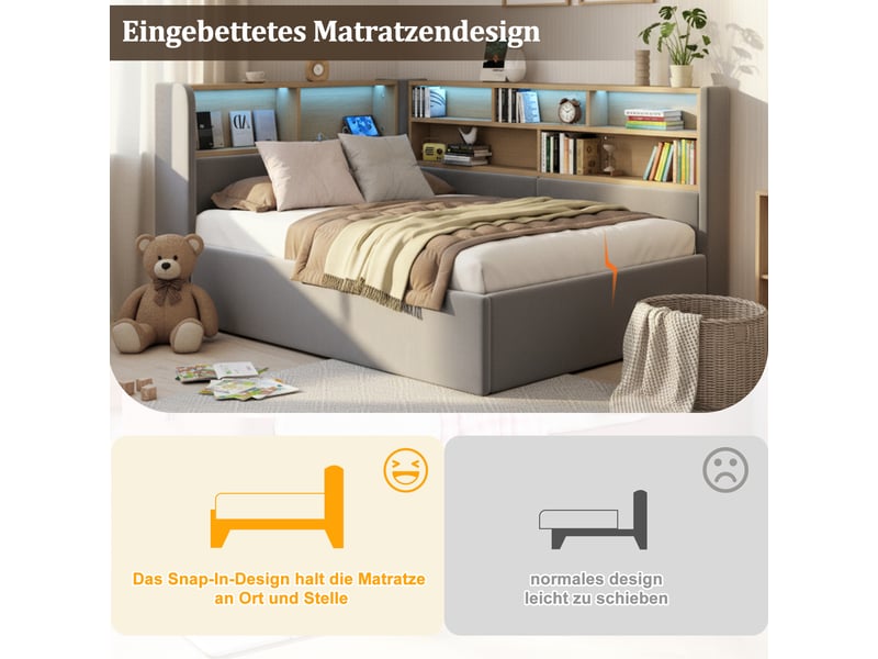 Canapé-lit 90x200 cm, lit enfant, couchage d'appoint, rangement hydraulique, led, port usb, velours gris - Conforama R
